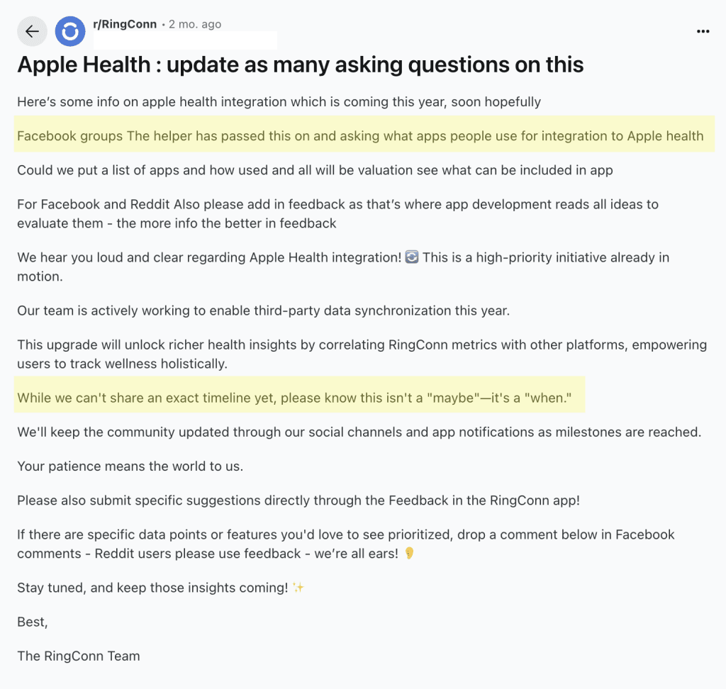 Ringconn responds to user feature requests